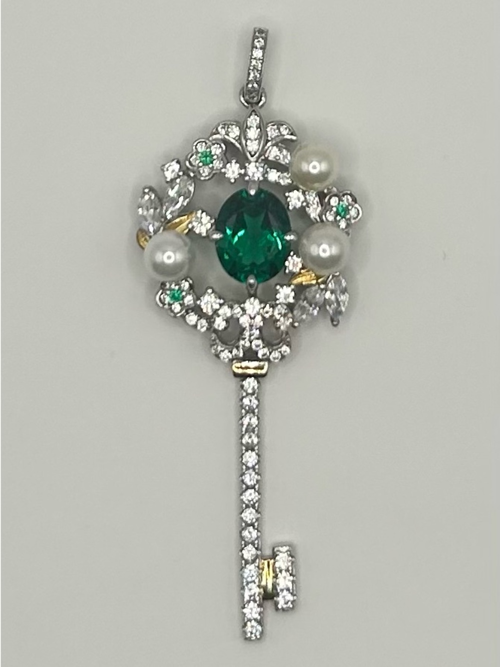 Green Crystal & Pearl Key Pendant Necklace - Silver Tone